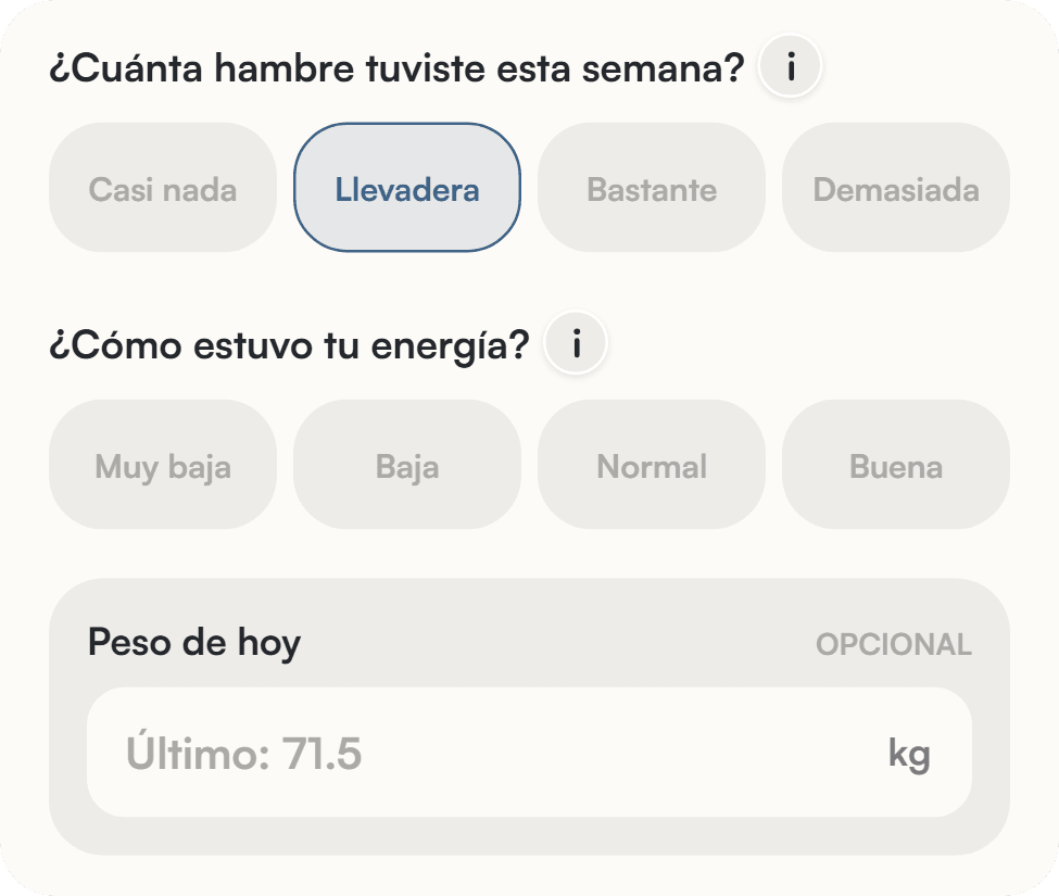 Chequeo semanal de Liftea con preguntas de hambre, energía y registro de peso