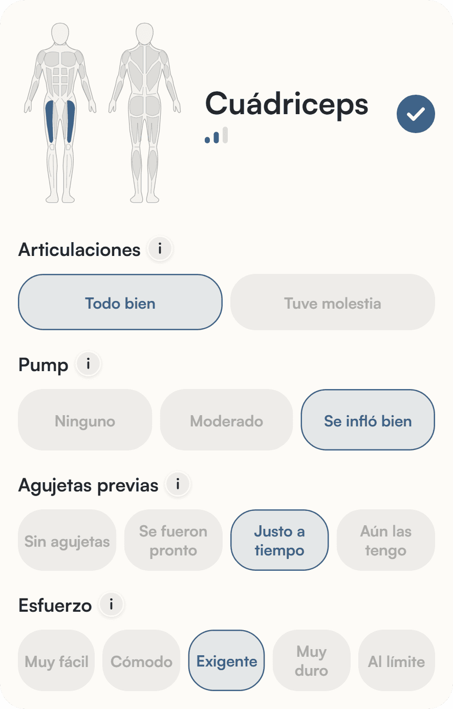 Encuesta de la app Liftea para cuádriceps: molestias en articulaciones, bombeo muscular, dolor de la sesión anterior y esfuerzo