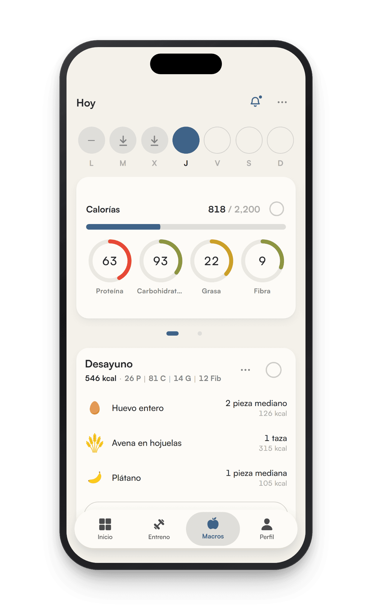 Pantalla de macros de la app Liftea: 818 de 2,200 kcal, los anillos de proteína, carbohidratos, grasa y fibra, y el desayuno alimento por alimento