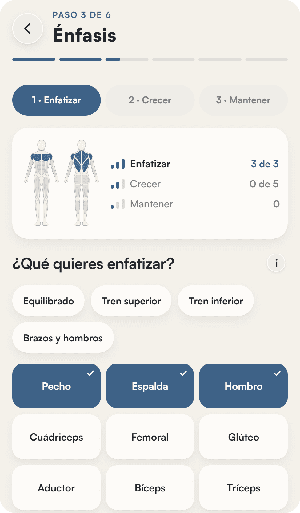 Paso de Liftea para elegir qué músculos priorizar: pecho, espalda y hombro marcados
