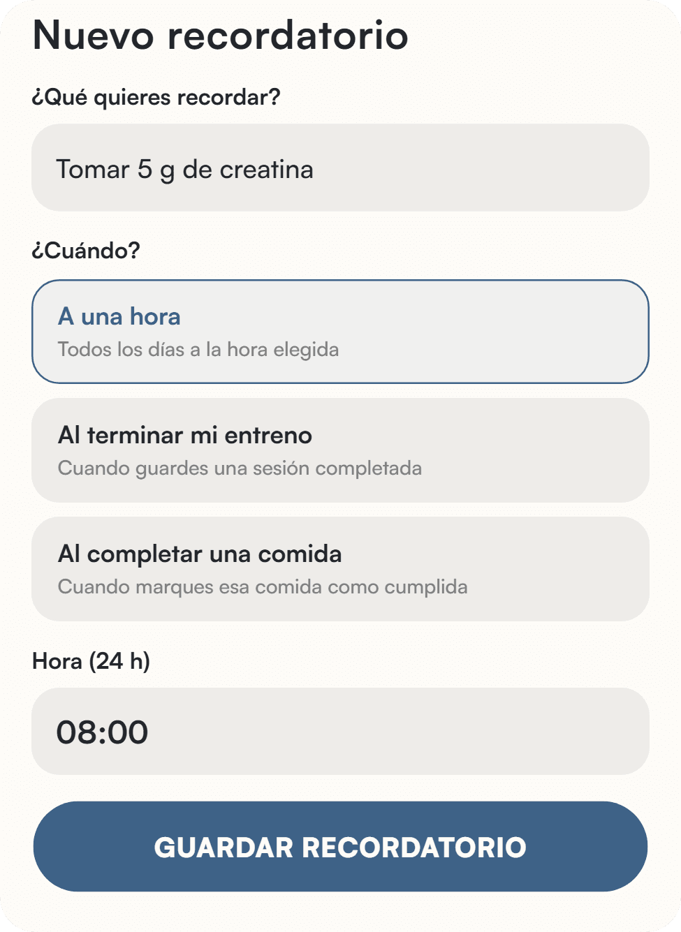 Creación de un recordatorio en Liftea para tomar 5 g de creatina todos los días a las 8:00