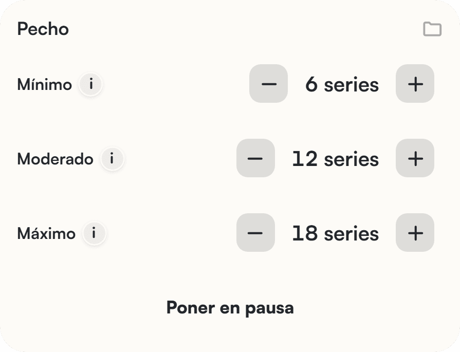 Configuración de volumen de pecho en Liftea: mínimo de 6 series, moderado de 12 y máximo de 18