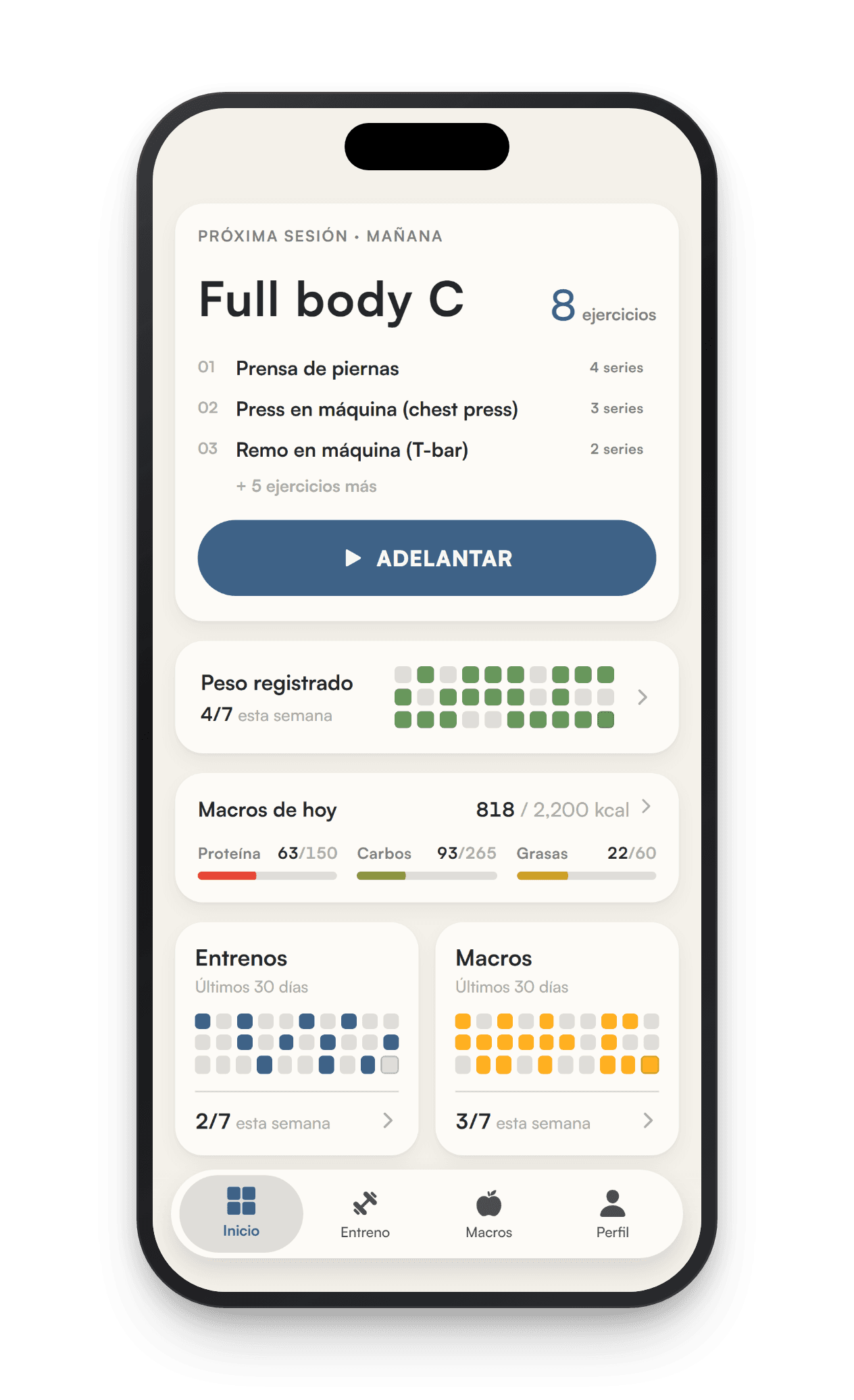 Pantalla de inicio de la app Liftea: próxima sesión, registro de peso, calorías y nutrientes del día e historial de entrenos y comidas